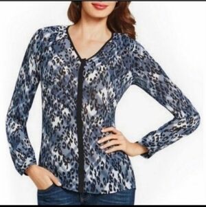 Cabi Leopard Print Fatale Blouse Black Blue XS